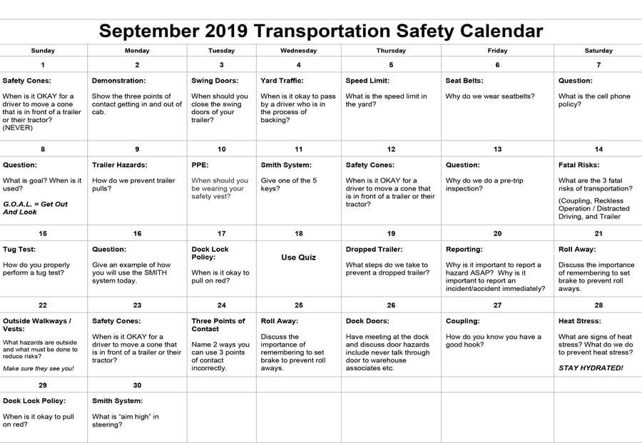 September 2019 Transportation Safety Calendar